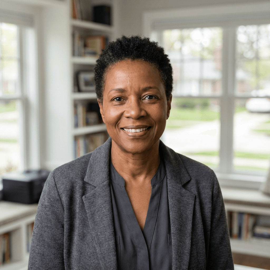Black female elementary school teacher smiling in a classroom