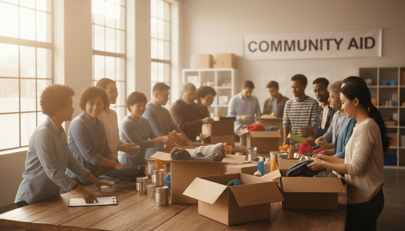 Volunteers packing holiday gift boxes at a community center