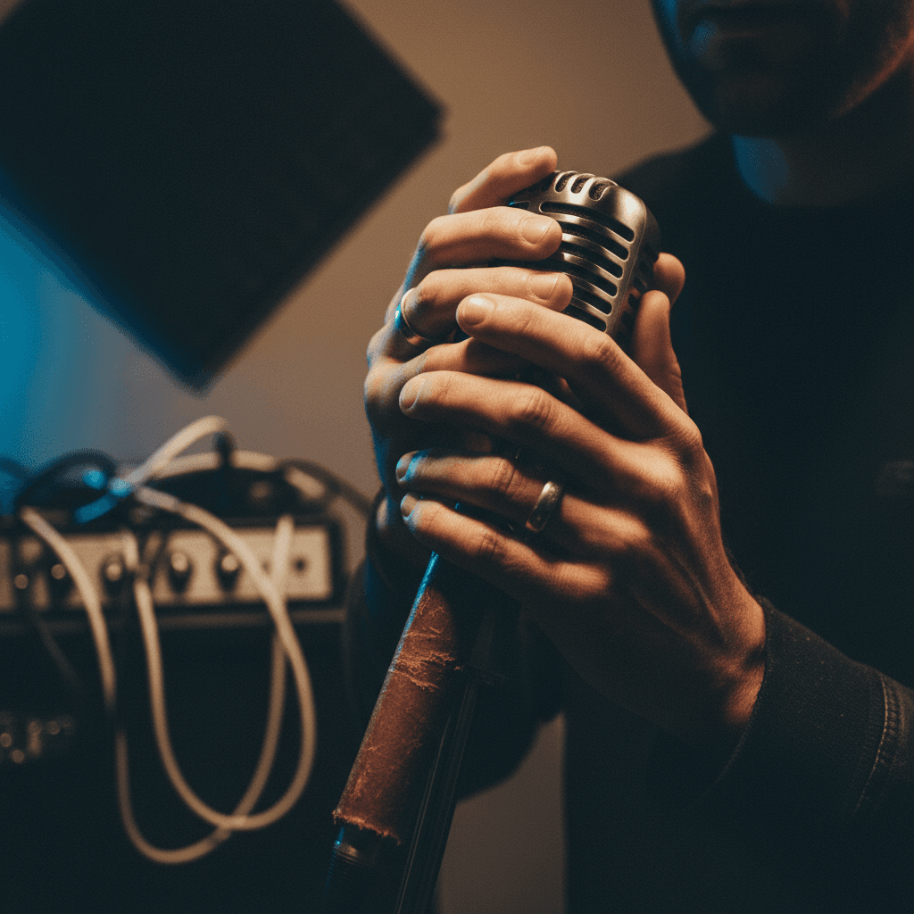 Close-up of hands on microphone on stage