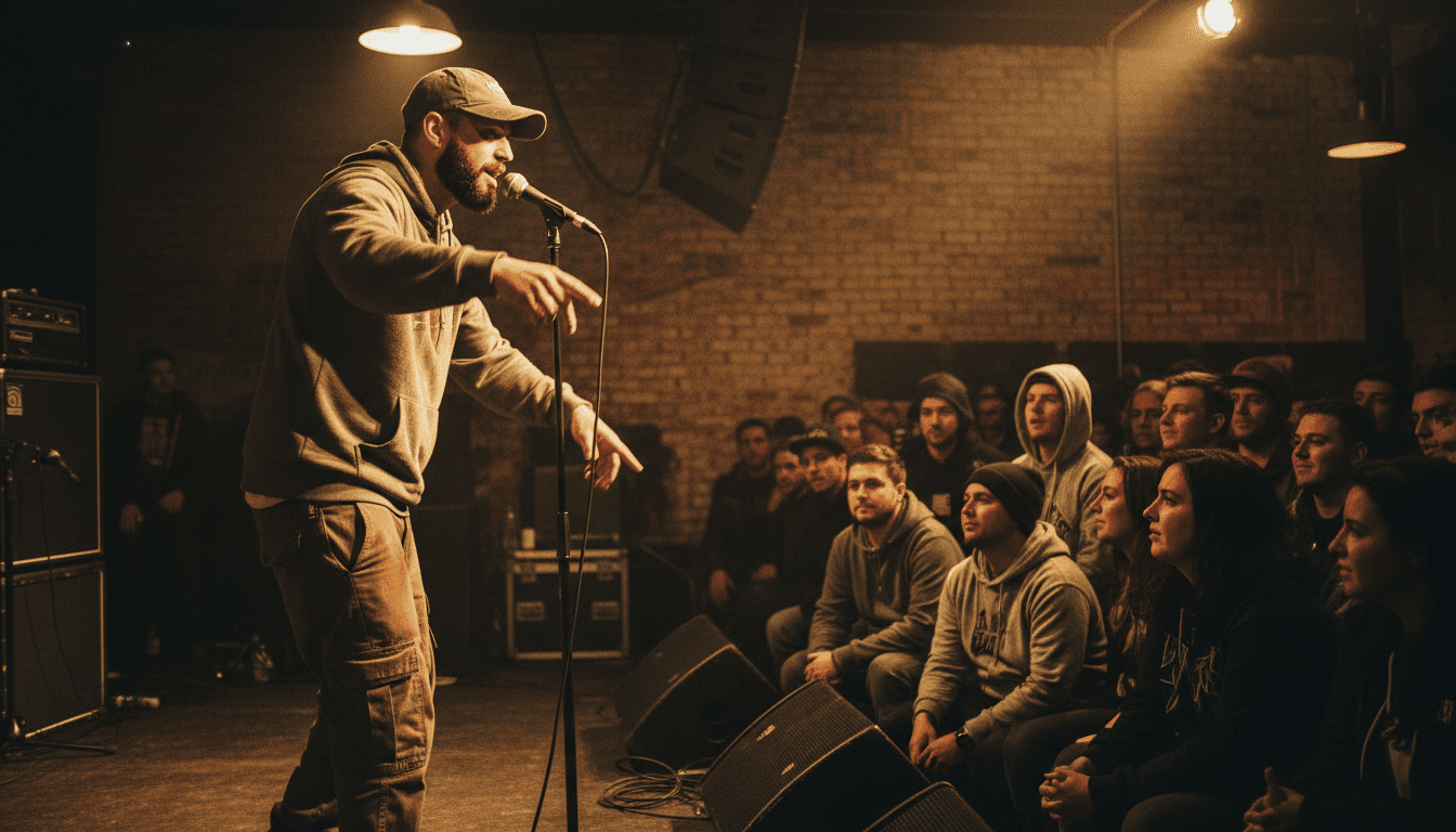 Rapper performing dynamically at microphone on stage with engaged audience seated around industrial venue during freestyle rap performance.