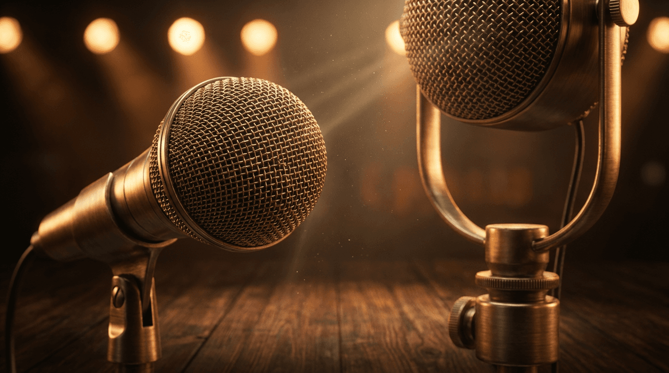 Vintage brass microphone in warm studio light with bokeh stage lights and floating dust particles