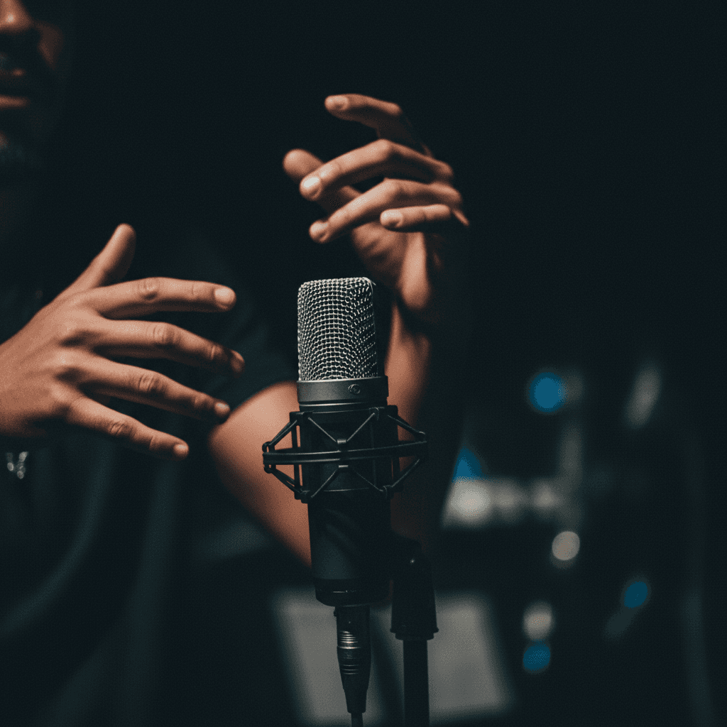 Close-up of rapper's expressive hands gesturing near professional microphone during intense freestyle performance with dramatic stage lighting.