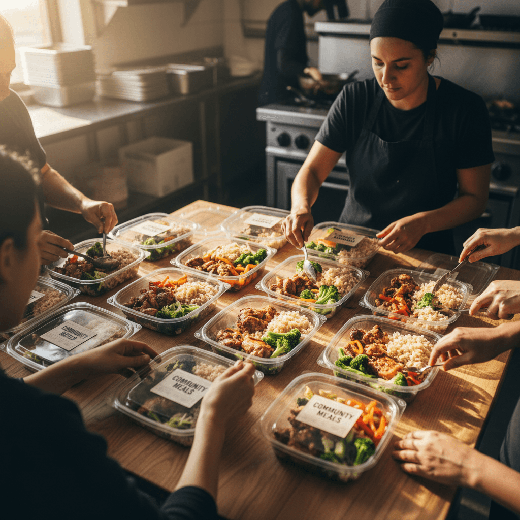 Volunteers serving meals to families at a Detroit shelter